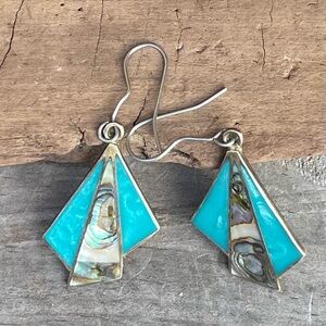 Art Deco Silver Abalone Enamel Dangle Drop Pierced Wire Earring